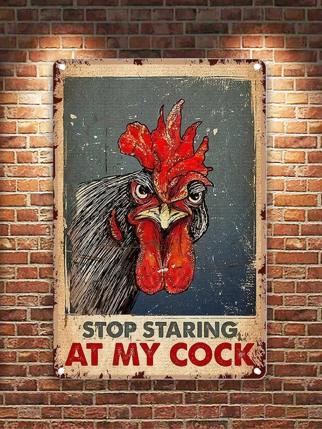 Add a touch of charm to your home, restaurant, bar, or cafe with this vintage chicken tin sign. Featuring the phrase "Stop Staring At My Cocker", this sign is perfect for any chicken or pet lover. Made of durable tin, it can be easily hung on any wall for a unique touch of decor.