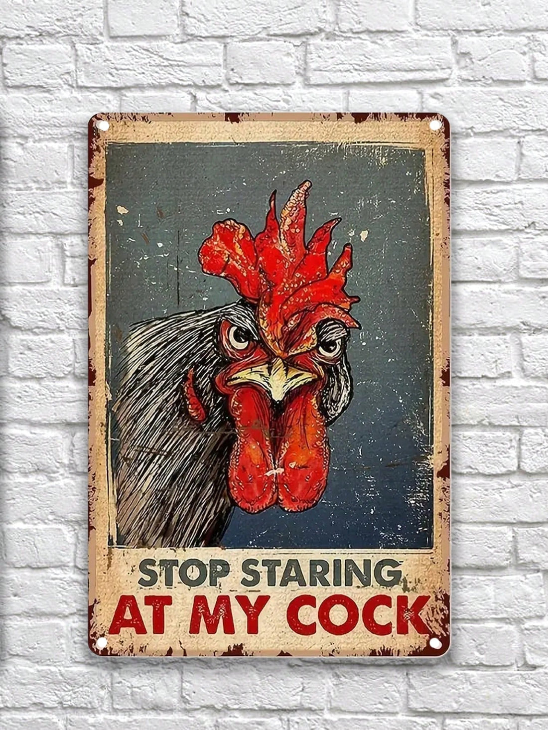 Add a touch of charm to your home, restaurant, bar, or cafe with this vintage chicken tin sign. Featuring the phrase "Stop Staring At My Cocker", this sign is perfect for any chicken or pet lover. Made of durable tin, it can be easily hung on any wall for a unique touch of decor.