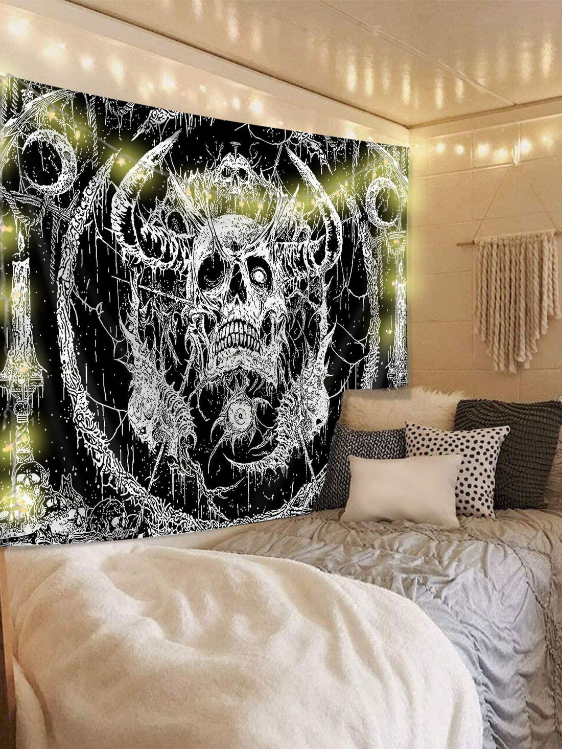 Add a touch of modern style to your living room or bedroom with our Skull Moon Square Tapestry. Made with high-quality materials, this tapestry features a unique and eye-catching skull moon design. Perfect for adding a bold statement to your home décor, this tapestry is sure to impress.