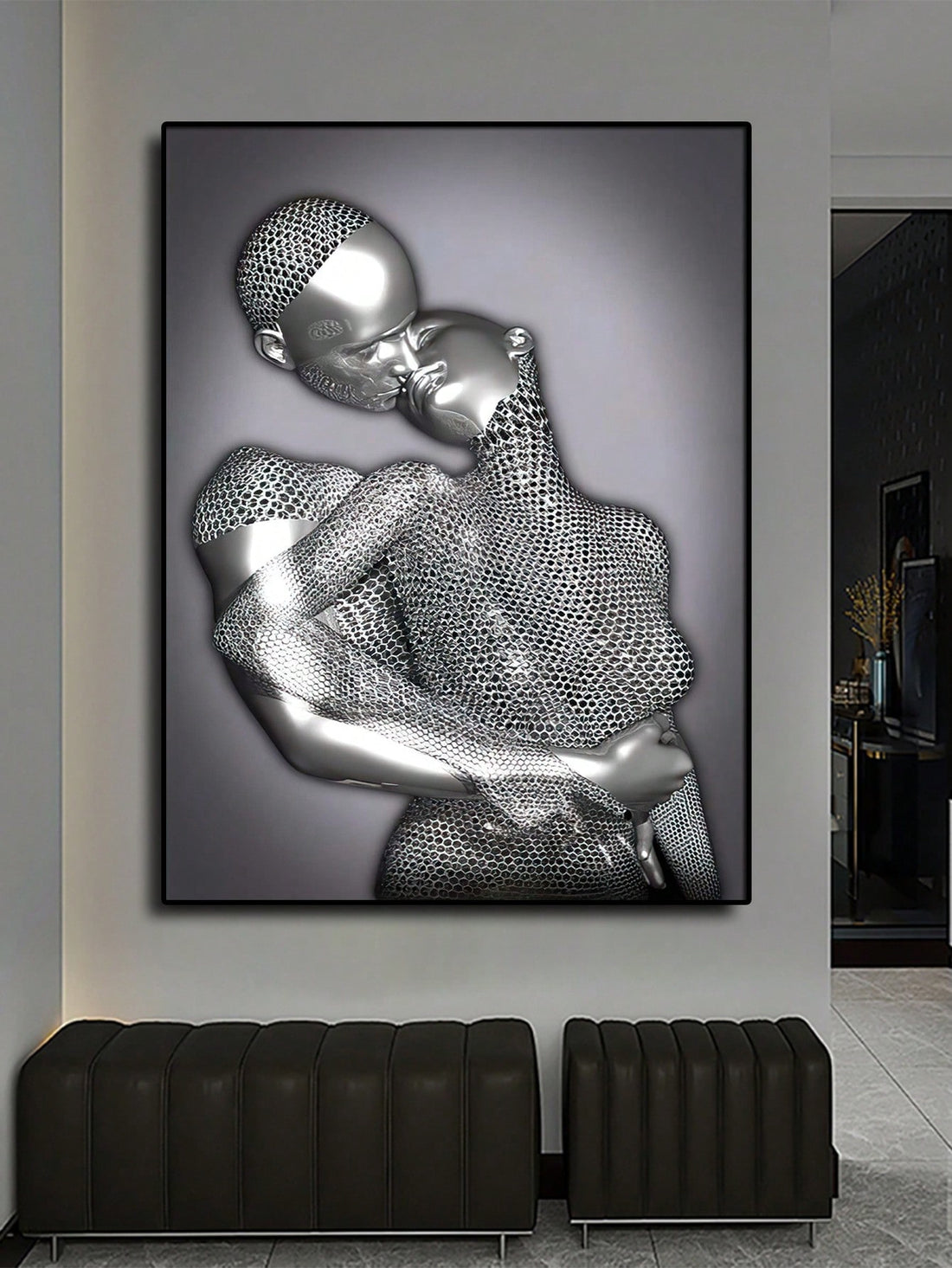 This contemporary canvas painting features a stunning sculpture of a man and woman, making it the perfect addition to any stylish living room. The unique design adds an artistic touch to your decor, making it a visually appealing piece. Elevate your space with this modern and sophisticated painting.