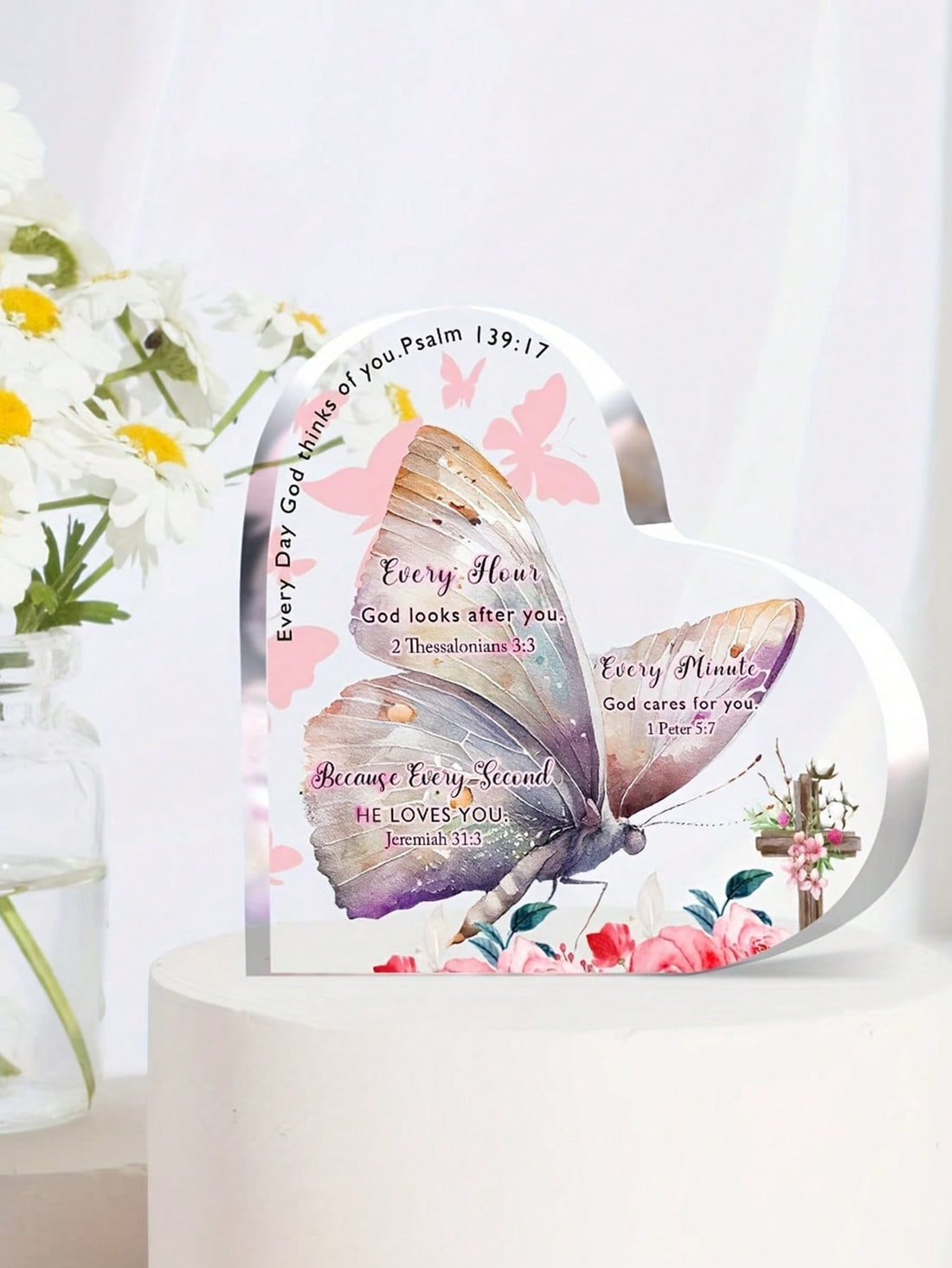 Enhance any space with this Blessed Tabletop Inspiration. Made of high-quality acrylic, it features carefully selected bible verses, prayers, and love, making it a perfect gift for women. With its modern design and inspiring messages, it is sure to uplift and bring positivity to any room.