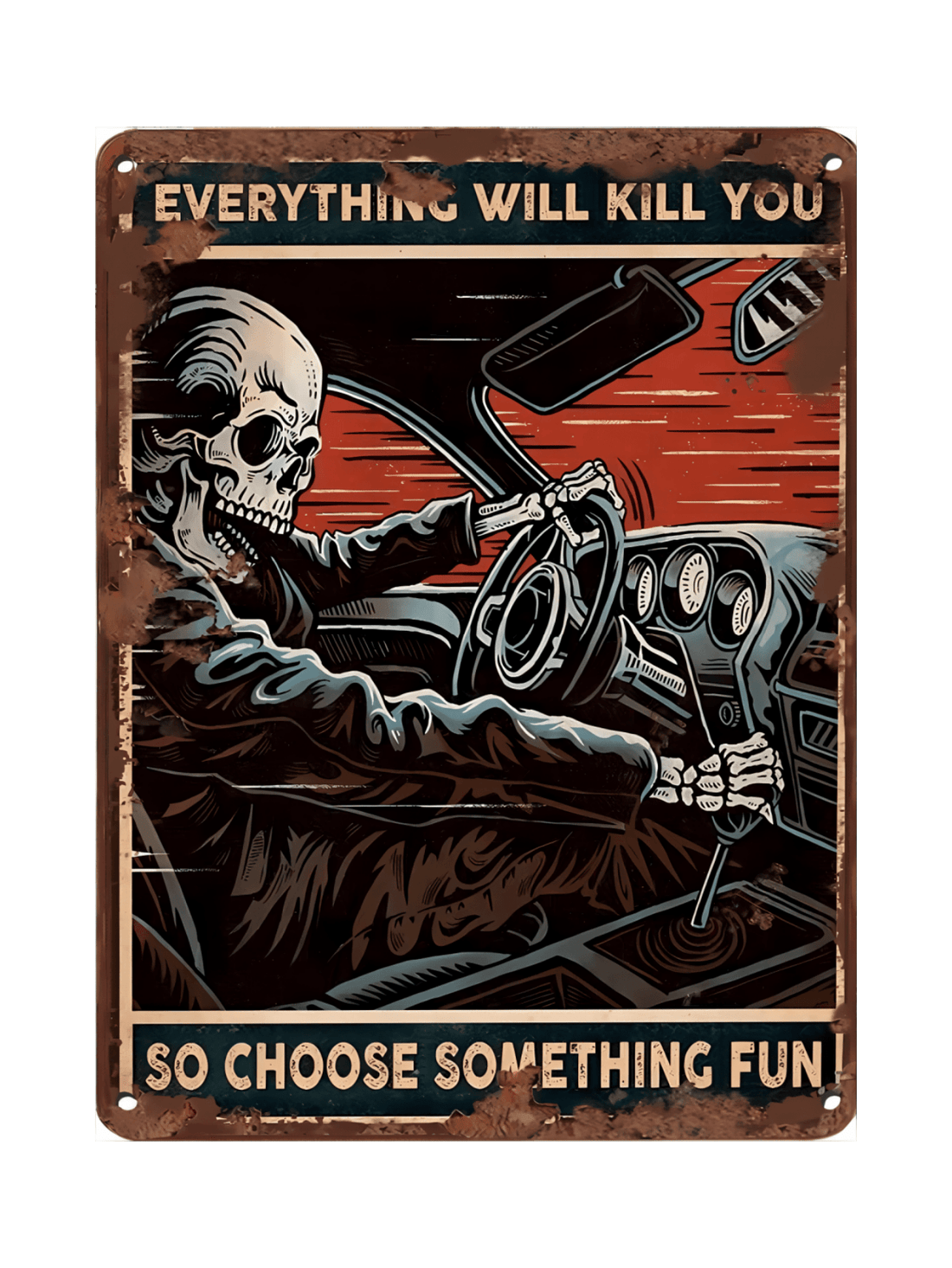 Add a unique touch to your home, bar, restaurant, or office with this Vintage Skull Racing Car Metal Sign. Made from durable metal, this wall decor features a vintage-inspired design that is sure to catch the eye. Display your love for racing in a stylish and distinctive way.