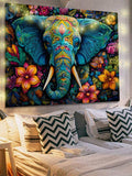 Boho elephant fabric tapestry displayed on bedroom wall with string lights