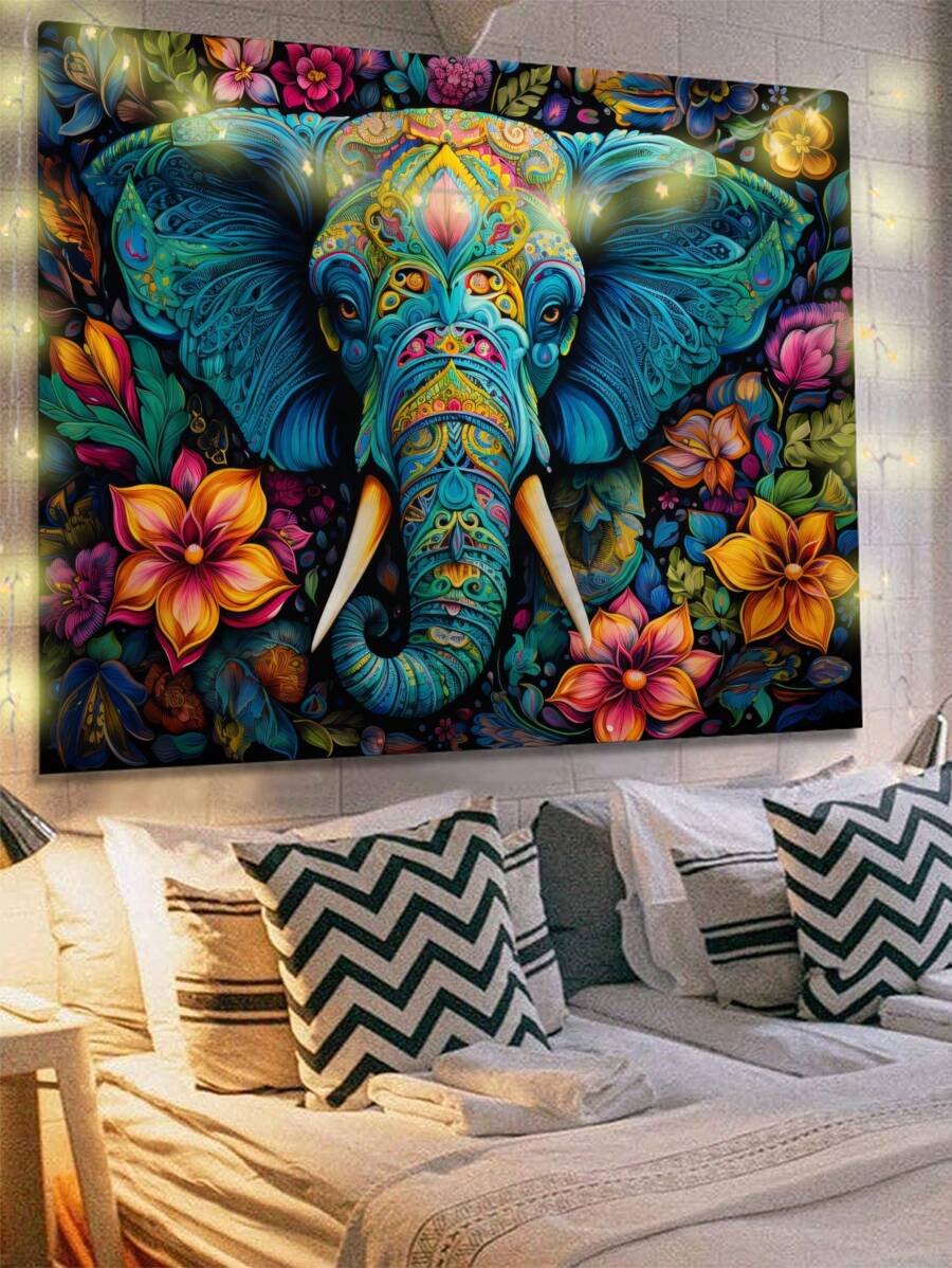 Boho elephant fabric tapestry displayed on bedroom wall with string lights
