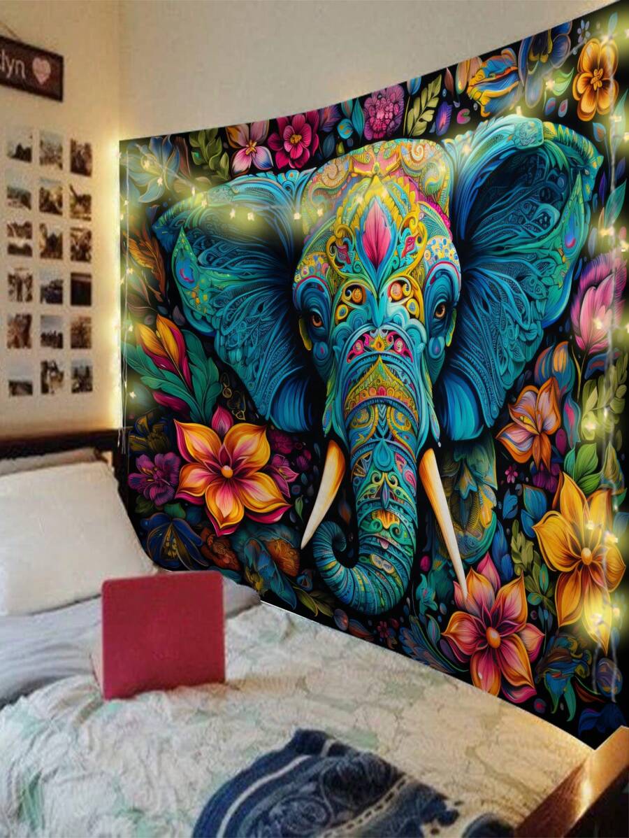 Large rectangular elephant tapestry above bed with blue patterned elephant head and tusks