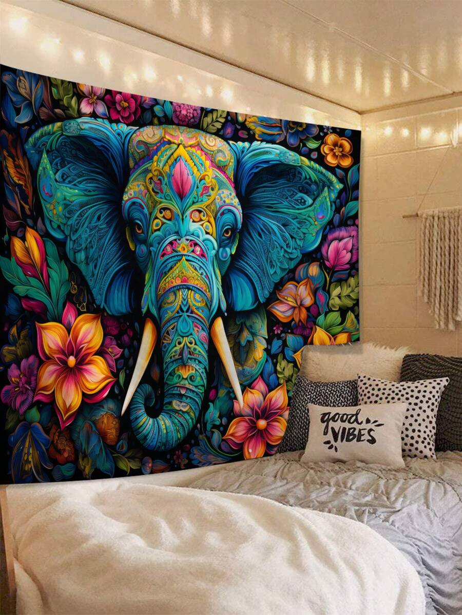 Large rectangular elephant tapestry above bed with blue patterned elephant head and tusks