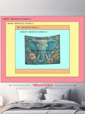 Close view of colorful elephant tapestry with black floral background