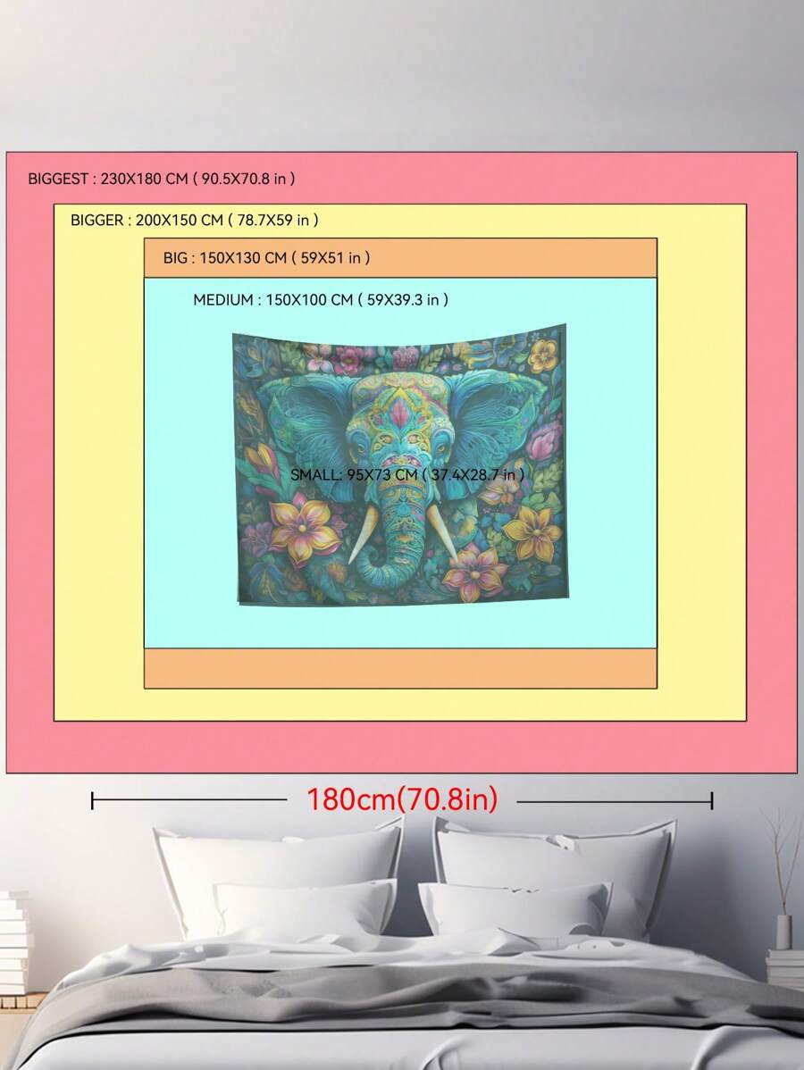 Close view of colorful elephant tapestry with black floral background