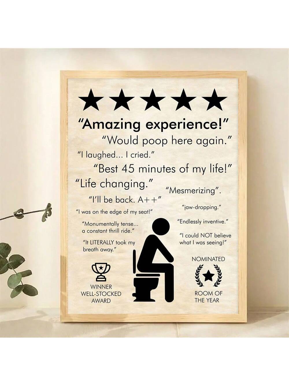 Transform your bathroom with this charming Retro Bathroom Quote Canvas Painting. Featuring the phrase "Amazing Experience Would Poop Here Again," this unique piece will add a touch of humor and personality to your space. Crafted with high-quality canvas, this painting is durable and easy to display. Perfect for anyone looking to add a little fun to their bathroom decor.