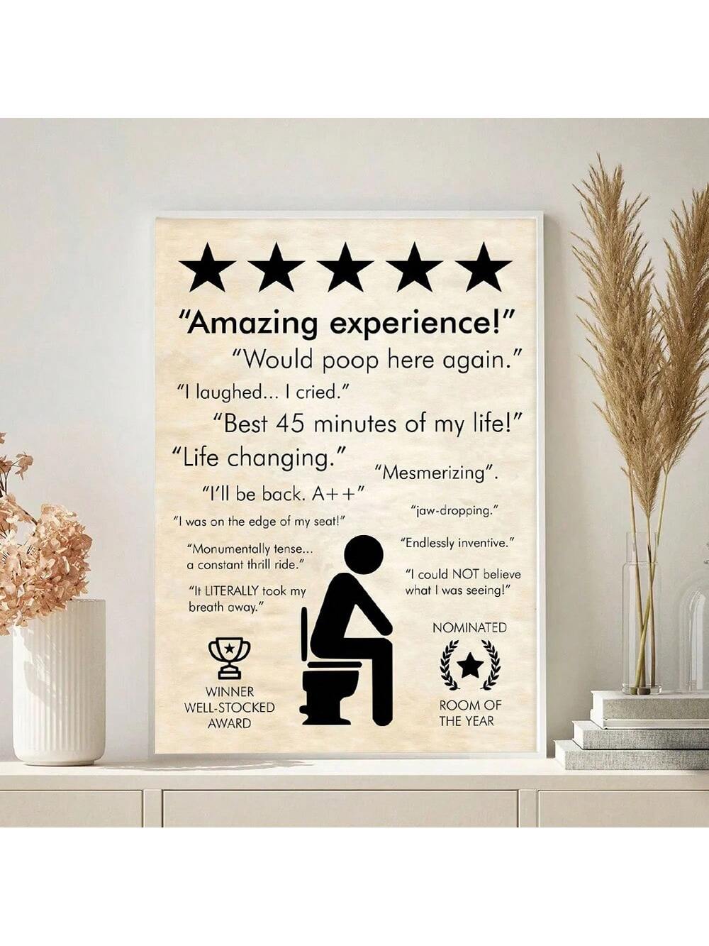 Transform your bathroom with this charming Retro Bathroom Quote Canvas Painting. Featuring the phrase "Amazing Experience Would Poop Here Again," this unique piece will add a touch of humor and personality to your space. Crafted with high-quality canvas, this painting is durable and easy to display. Perfect for anyone looking to add a little fun to their bathroom decor.