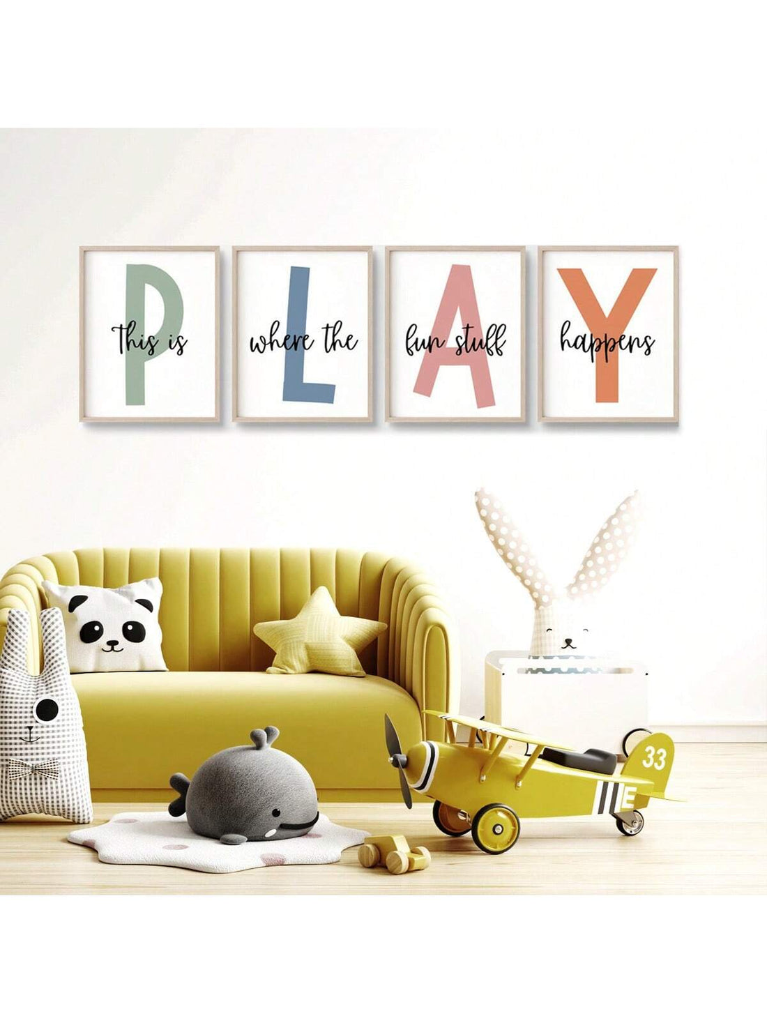 Enhance your playroom with our 4-piece wall decor set! Inspire creativity with the fun message: "This Is Where The Fun Stuff Happens." Made with durable materials and easy to hang, this set is perfect for any playroom. Enjoy 4 unique pieces that add a playful touch to any wall.