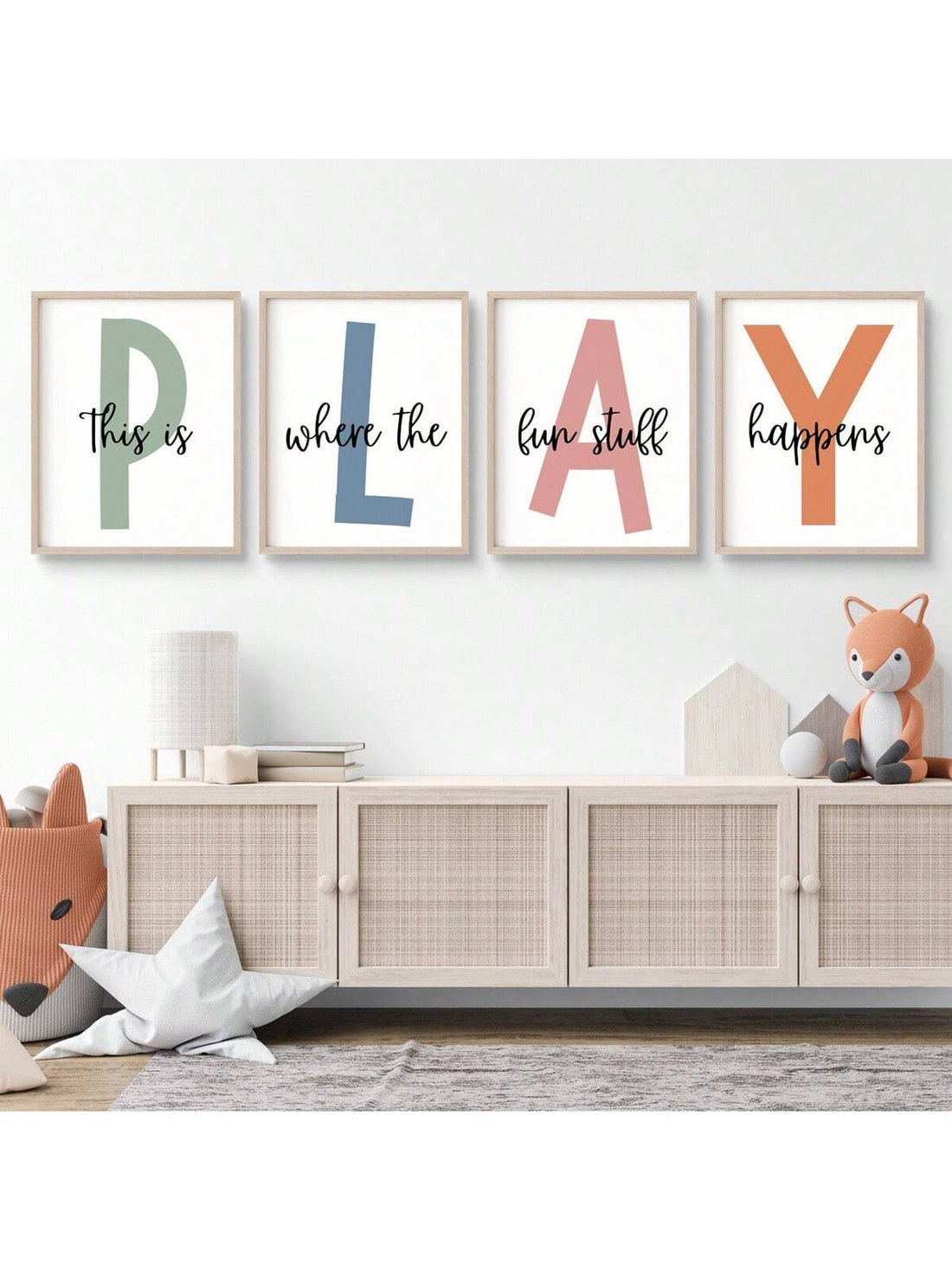 Enhance your playroom with our 4-piece wall decor set! Inspire creativity with the fun message: "This Is Where The Fun Stuff Happens." Made with durable materials and easy to hang, this set is perfect for any playroom. Enjoy 4 unique pieces that add a playful touch to any wall.