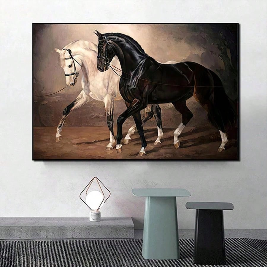 This stunning black and white horse print on canvas is the perfect gift for friends who love horses. It's ideal for decorating a bedroom, corridor, office, or living room. The high-quality print ensures vibrant colors and a durable finish. No frame is needed, making it easy to display wherever you choose.