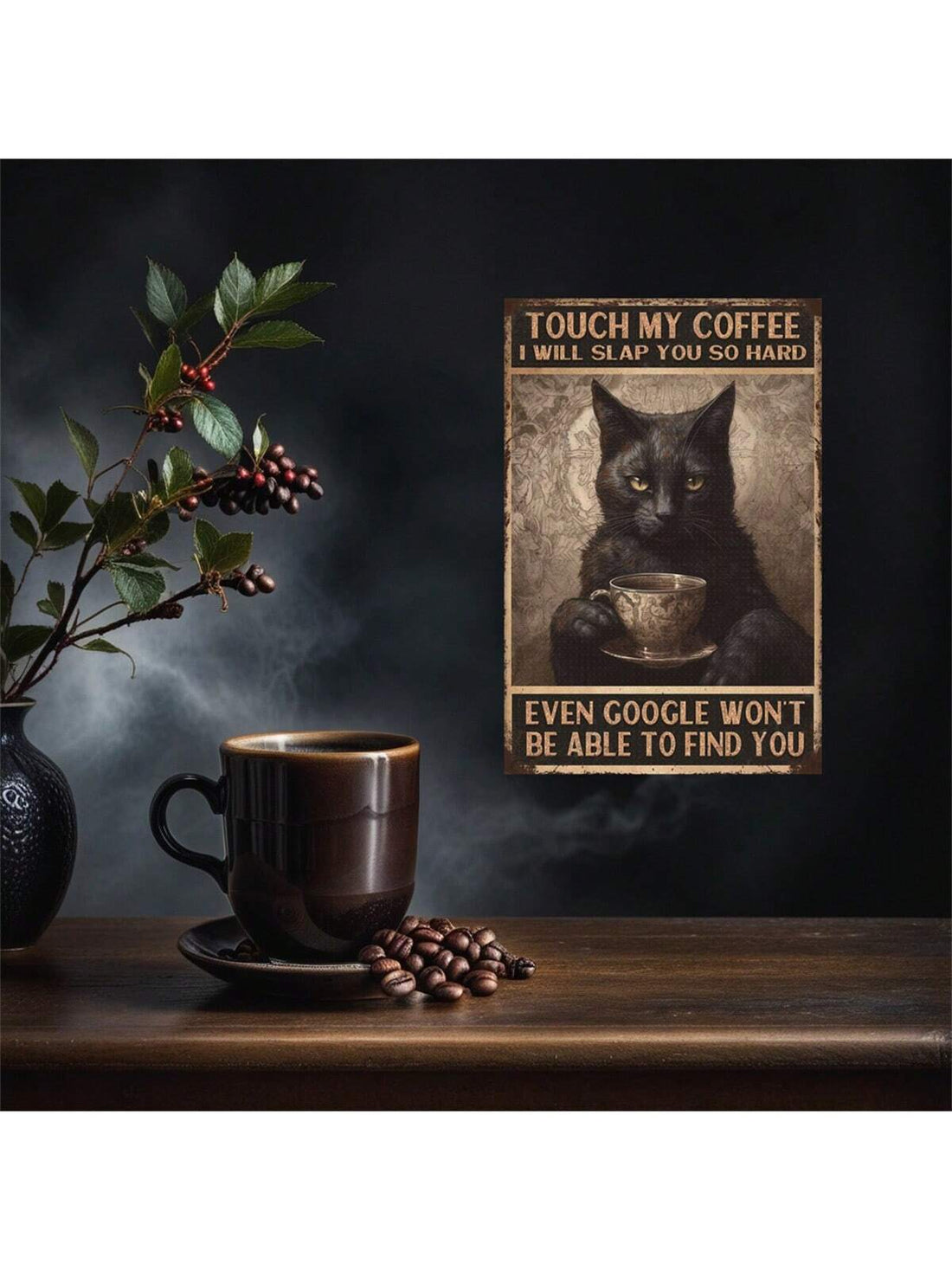 This Cute Cat Retro Tin Sign is a must-have for coffee and cat lovers! Featuring an adorable feline and playful message, it's the perfect addition to any kitchen. Made with high-quality tin, this sign is not only durable but also adds a touch of retro charm to any room. Show off your love for coffee and cats with this fun and unique sign.