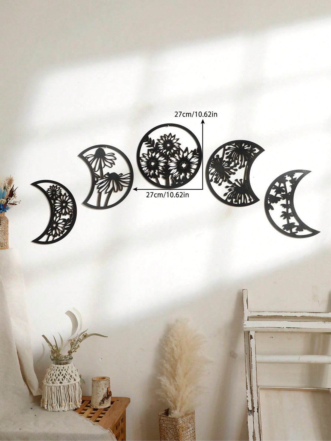 This set of Boho Chic Moon Phase wall decor will elevate your living space. Made with Nordic wood art, the unique design adds a touch of elegance to any room. Perfect for anyone looking to add a modern yet bohemian vibe to their home. Transform your space with this chic and stylish set.