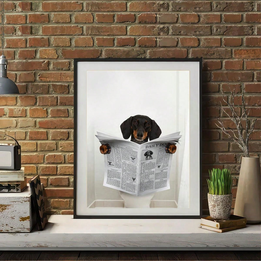 Add a touch of humor to your home with our canvas art featuring a dachshund reading the newspaper on the toilet. Perfect for dog lovers, this unique piece will bring a smile to your face. Made with high-quality materials, this art is sure to impress.