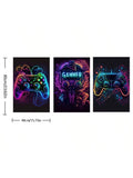 Three-panel neon gaming artwork size preview for wall display