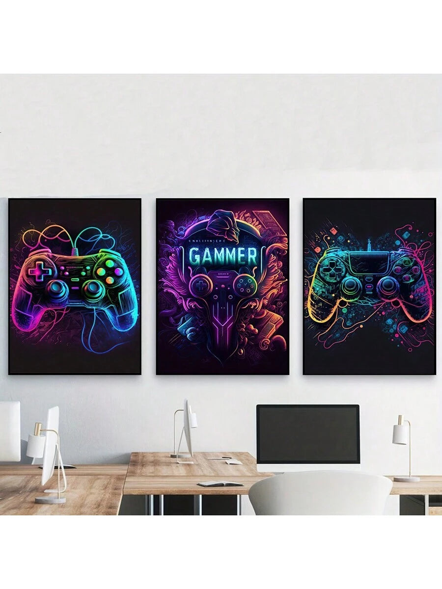 Three-piece neon gaming controller canvas poster set on dark wall