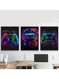 Neon gamer triptych displayed above a modern computer workstation