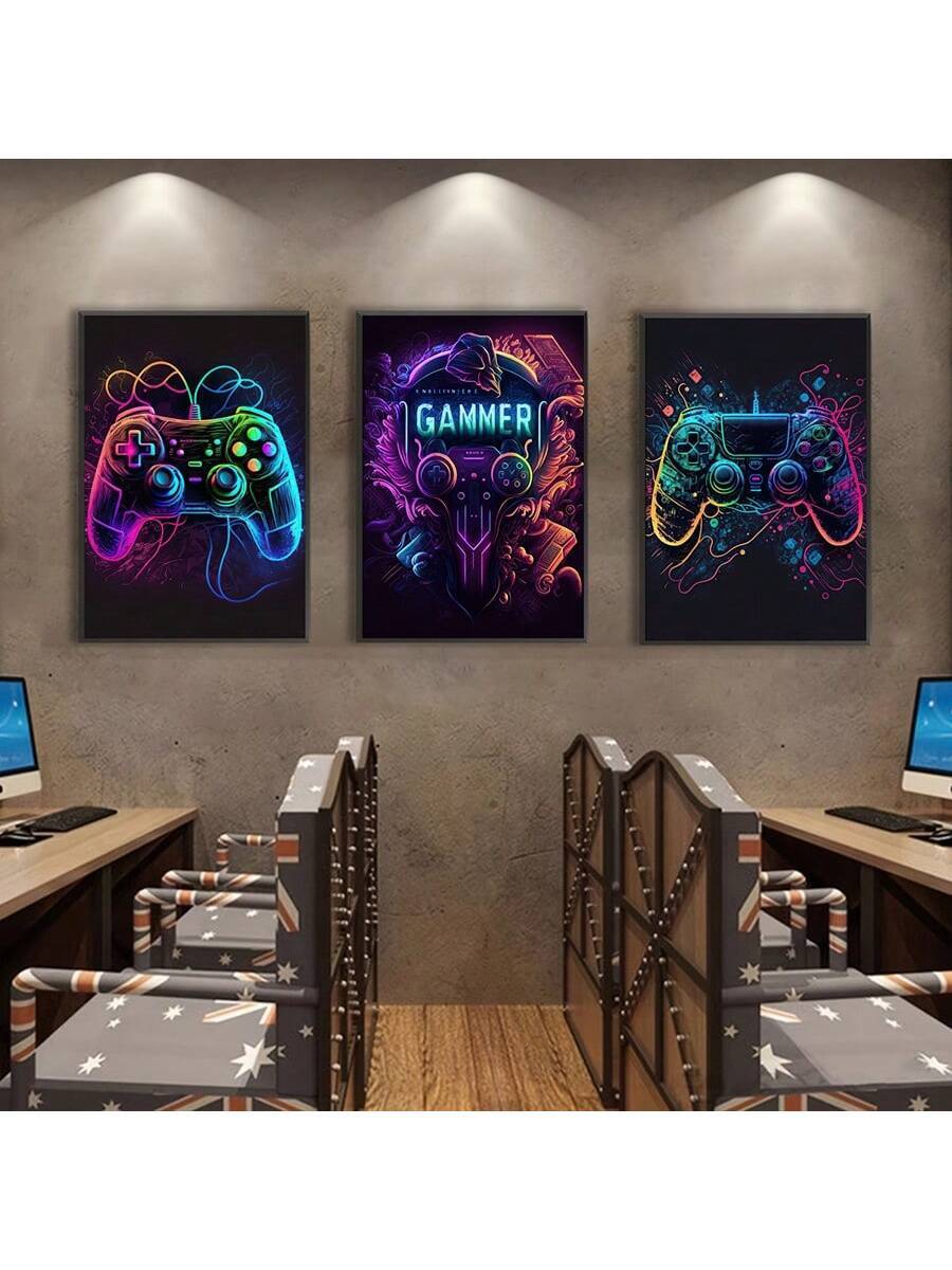 Cyberpunk controller wall art set in a multi-screen gaming room