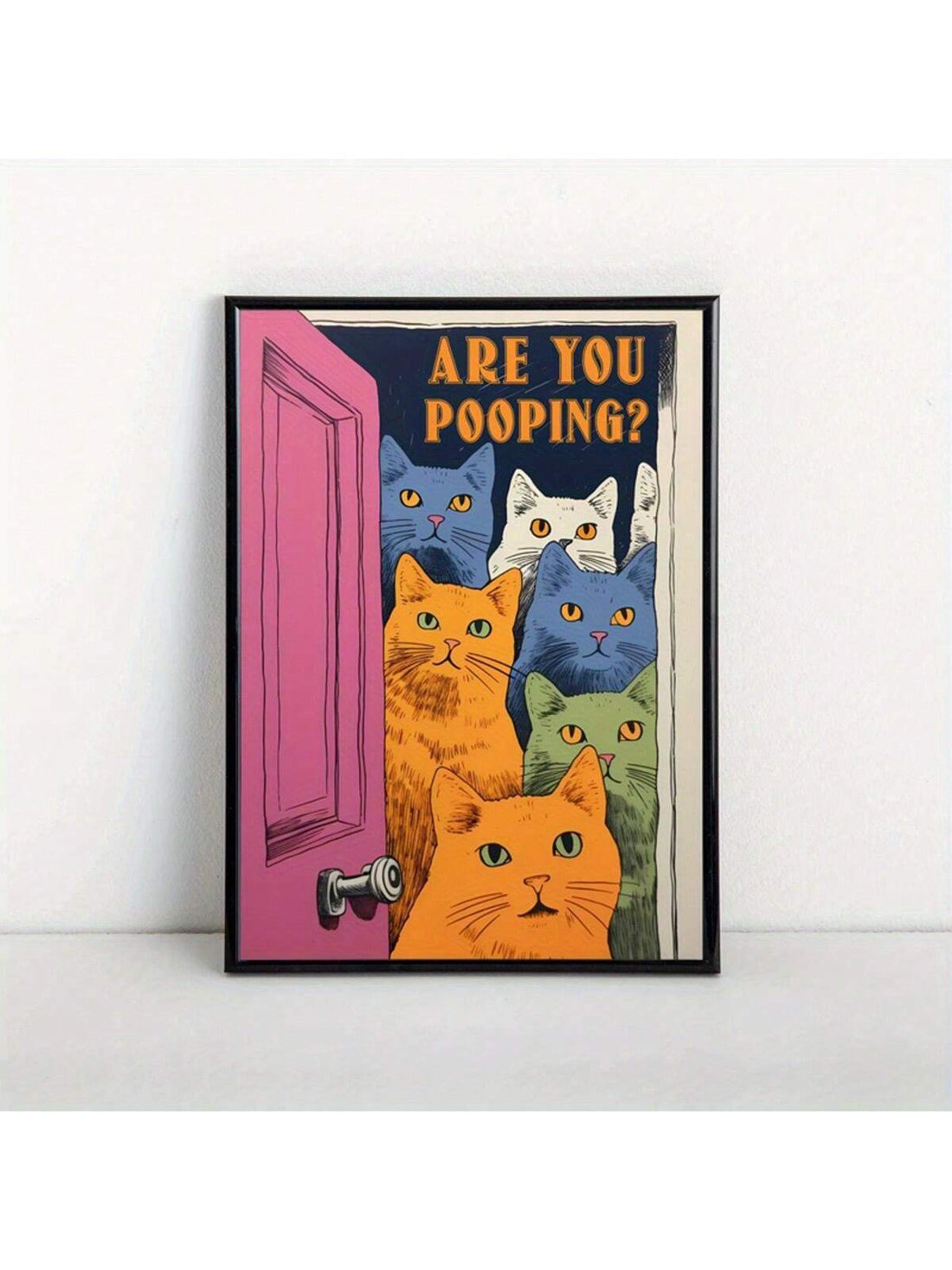 Upgrade your home decor with this hilarious "Are You Pooping?" cat canvas. Perfect for any cat lover, this toilet wall art adds a touch of funny, humor to any room. Makes for a unique and entertaining gift. Get yours now!