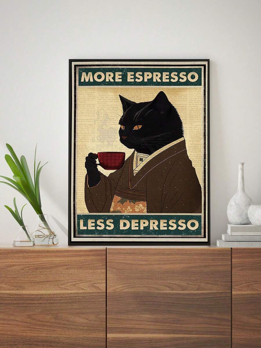 Funny espresso cat canvas poster with distressed retro lettering