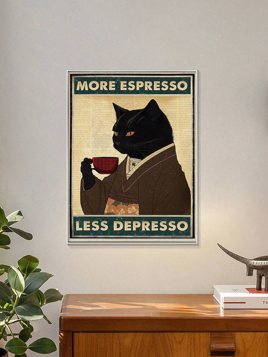 Halloween ghost holding a coffee cup canvas poster in a seasonal kitchen