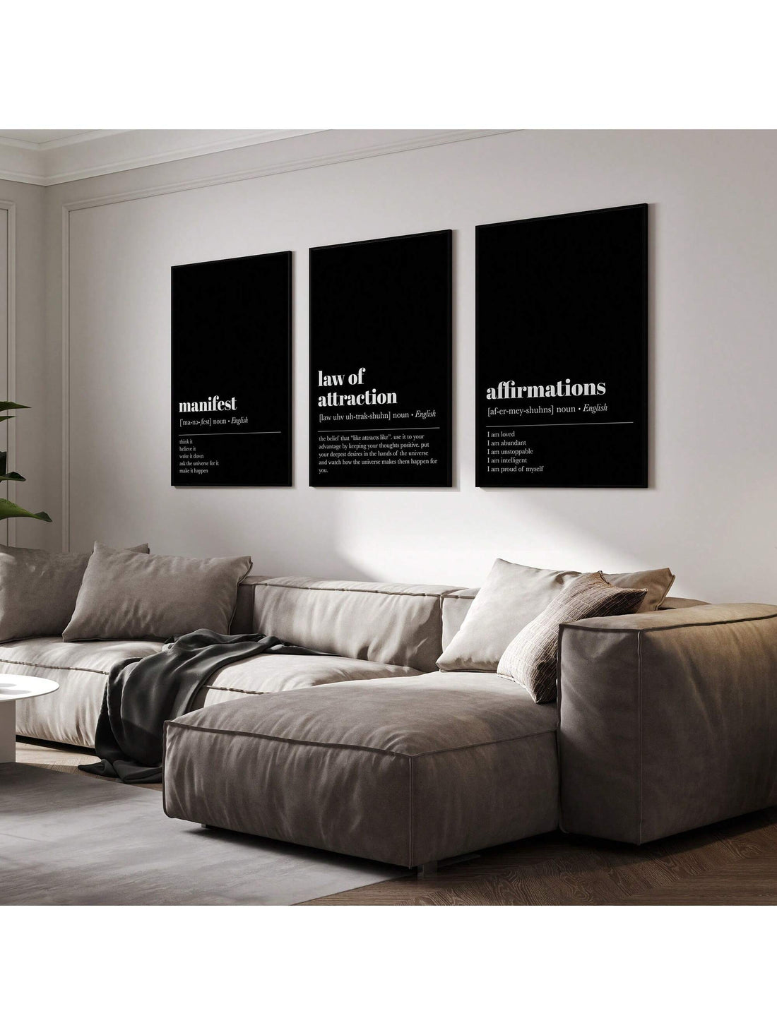 Elevate your home decor with this set of 3 black motivational canvas prints. Each print features powerful law of attraction affirmations to inspire positivity and success in your daily life. Perfect for any room, these stylish prints will fill your space with a professional and informative energy.