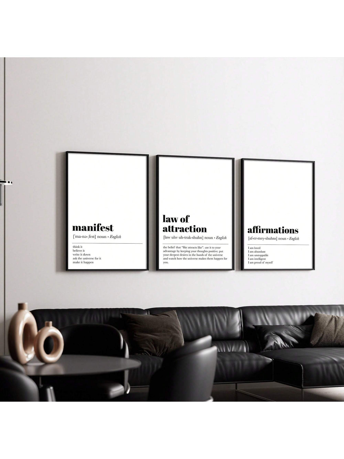 Elevate your living space with this set of 3 inspirational white canvas wall art pieces, each featuring carefully crafted positive affirmations. Designed to motivate and uplift, these canvases blend minimalist aesthetics with meaningful messages, making them ideal for creating a focused and encouraging environment at home or in the office. Durable and easy to hang, they offer a sophisticated way to inspire daily confidence and positivity.