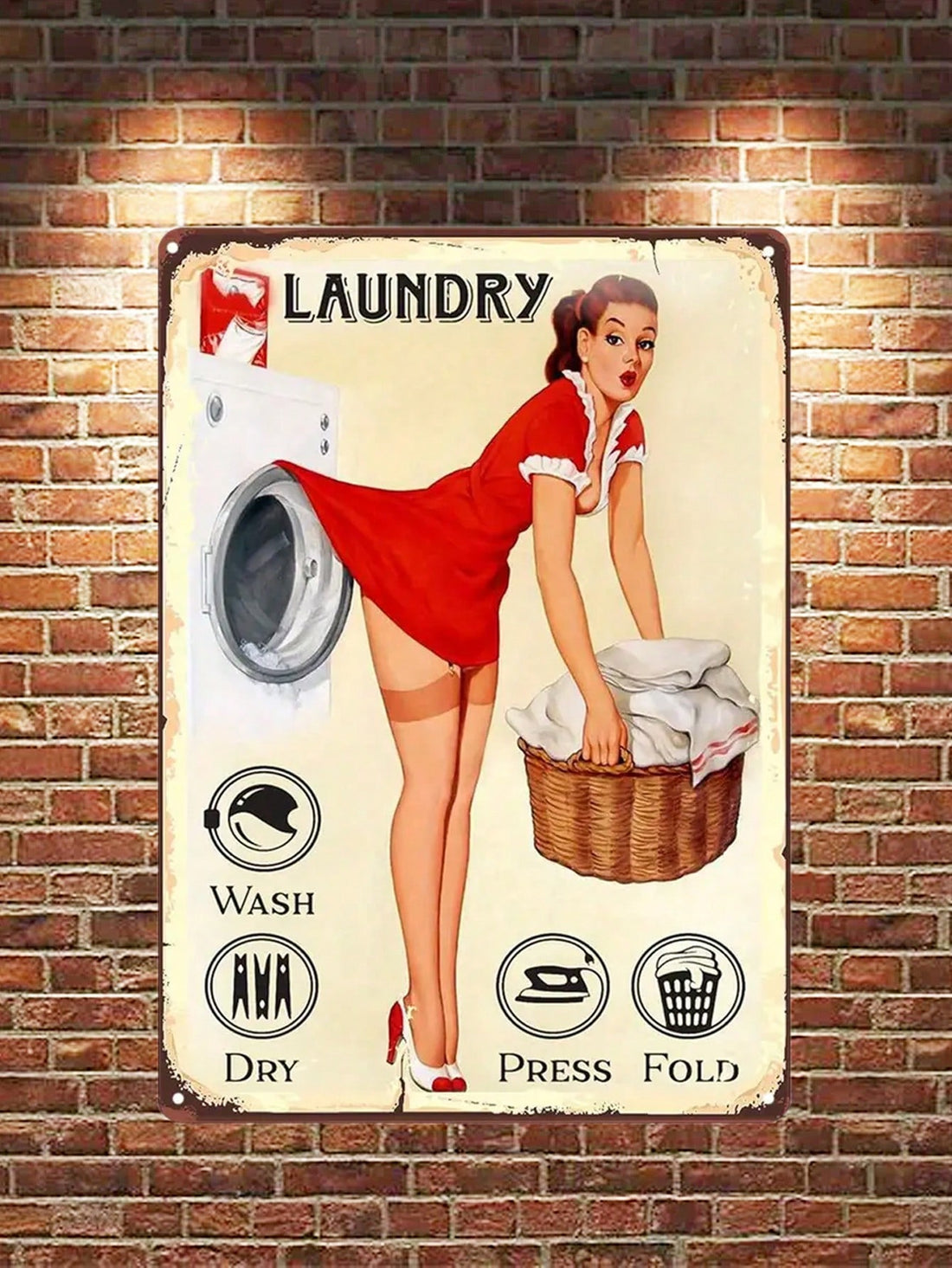 Add a touch of vintage charm to your laundry room with our Retro Metal Sign. This playful sign features the phrase "Drop Your Pants Here" and is sure to bring a smile to your face. Made with durable metal, it's a perfect addition to any bathroom decor.