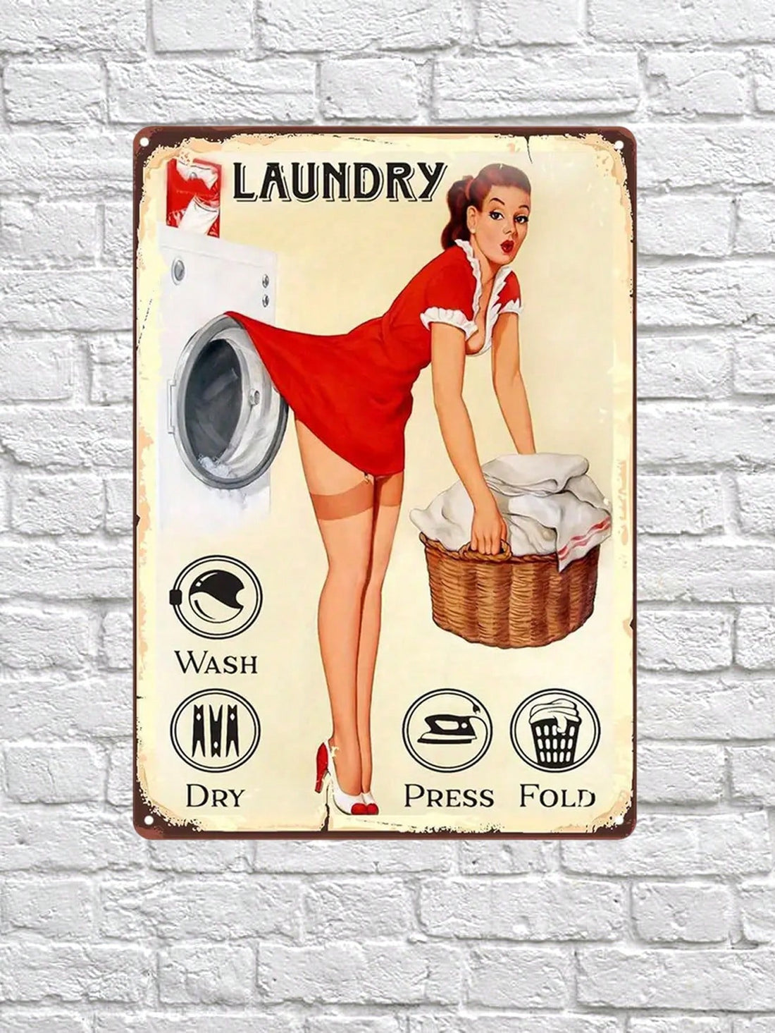 Add a touch of vintage charm to your laundry room with our Retro Metal Sign. This playful sign features the phrase "Drop Your Pants Here" and is sure to bring a smile to your face. Made with durable metal, it's a perfect addition to any bathroom decor.