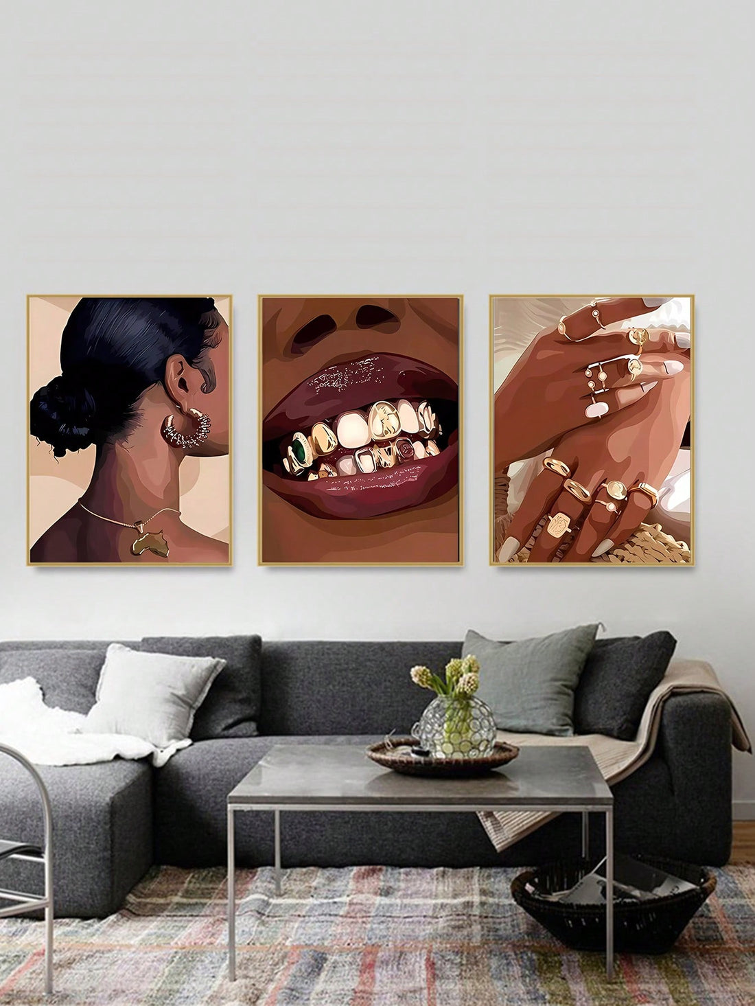 Elevate your wall decor with our Boho Style Women's Golden Jewelry Set Wall Art Paintings. This stunning set features delicate jewelry designs in golden hues, perfect for adding a touch of bohemian charm to any room. Instantly elevate your space with this unique and elegant wall art.