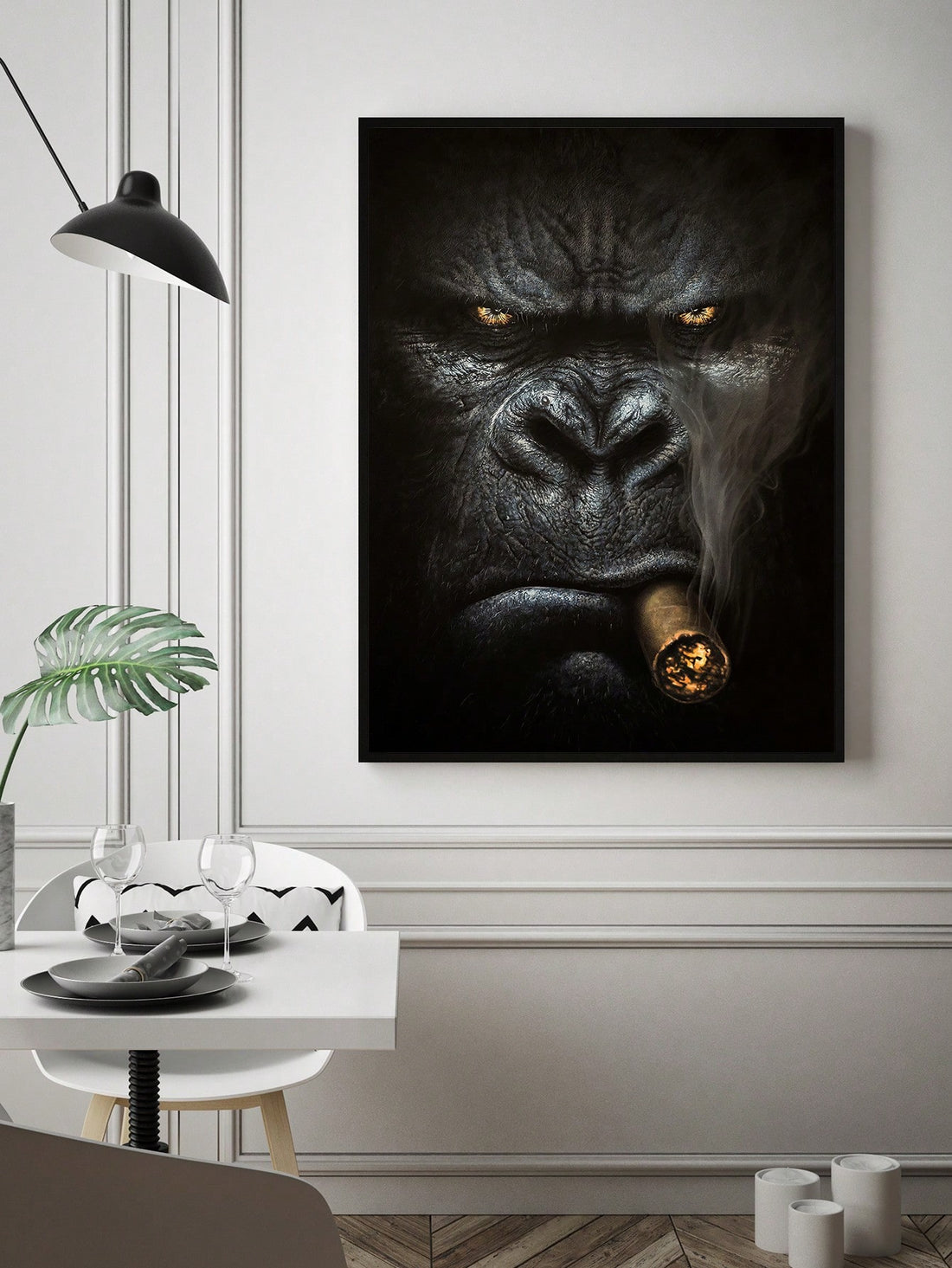 Enhance any room with this Black Gorilla Canvas Poster. Perfect for decorating your bathroom, bedroom, office, or living room. The high-quality canvas and stylish design make it a great addition to any home decor. Gift this unframed poster to any animal or art lover.