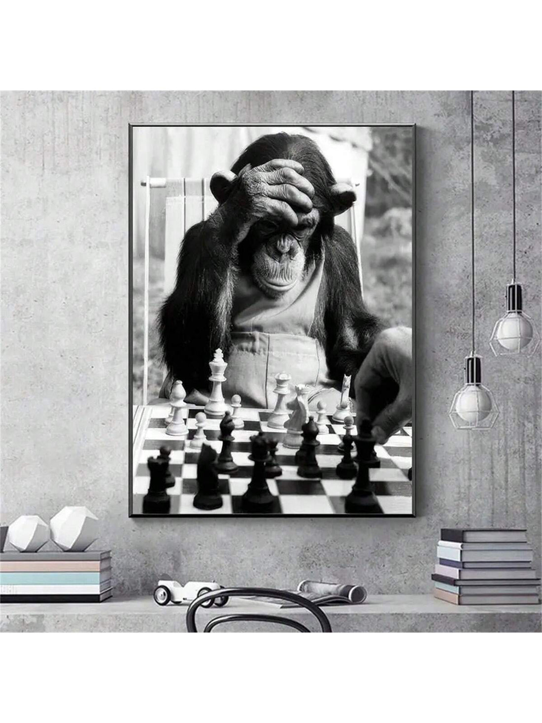 This playful canvas poster features a clever monkey playing a game of chess, making it the ideal home decor for any living room or kitchen. With its fun and whimsical design, it adds a touch of character and charm to any space. Made with high-quality canvas, it is both durable and visually appealing.