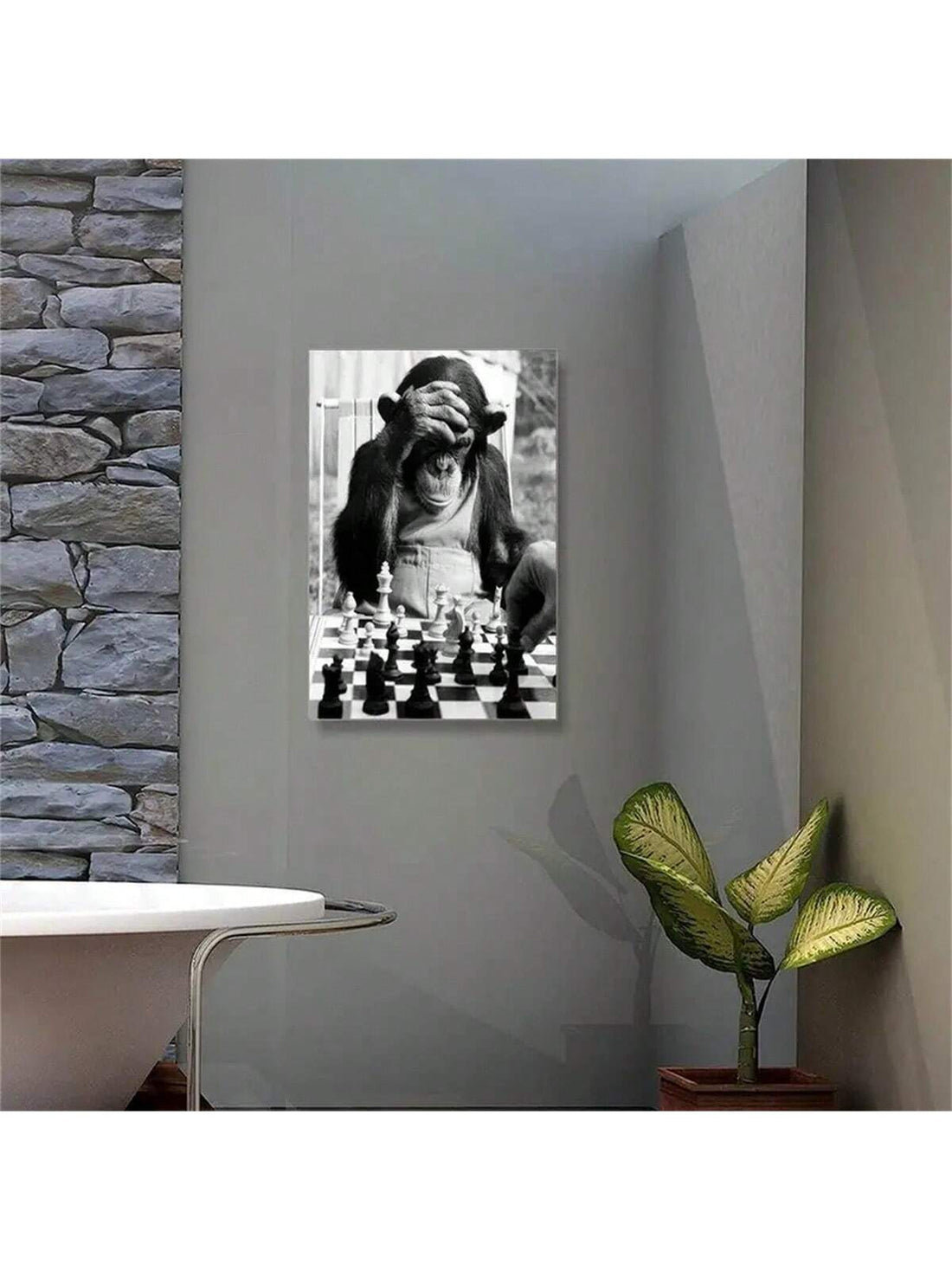 This playful canvas poster features a clever monkey playing a game of chess, making it the ideal home decor for any living room or kitchen. With its fun and whimsical design, it adds a touch of character and charm to any space. Made with high-quality canvas, it is both durable and visually appealing.