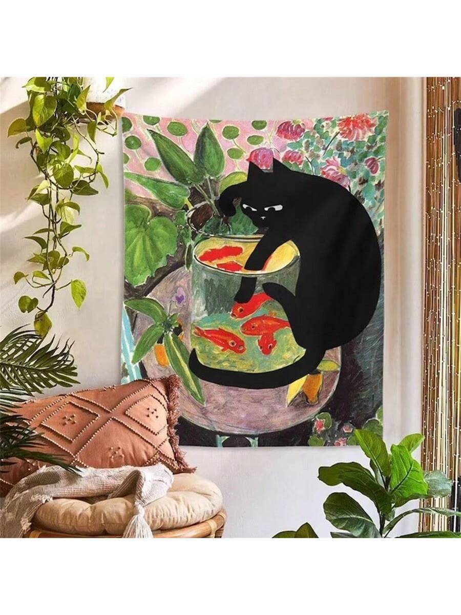 Cat and goldfish botanical tapestry hanging above chair in plant filled room