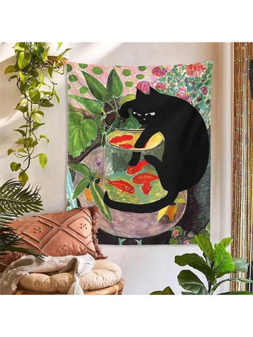 Cat and goldfish botanical tapestry hanging above chair in plant filled room