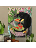 Printed cat tapestry behind houseplants showing black cat reaching into goldfish bowl
