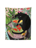 Product view of whimsical cat and goldfish botanical tapestry on white background
