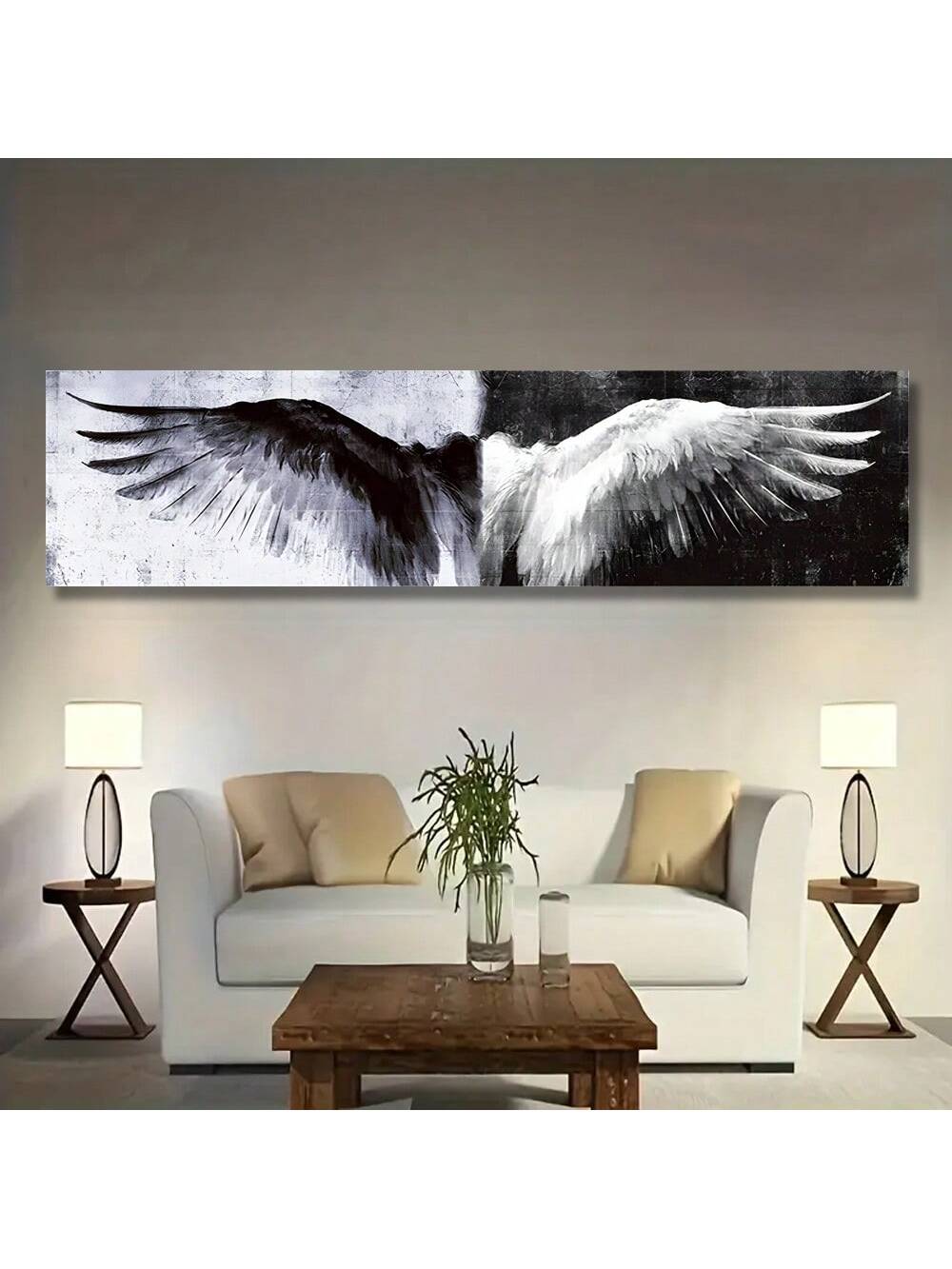 Elevate your home decor with the Creative Black &amp; White Angel Wings Poster Print. Perfect for any room, from the bedroom to the office, this frameless print adds a touch of elegance and sophistication.