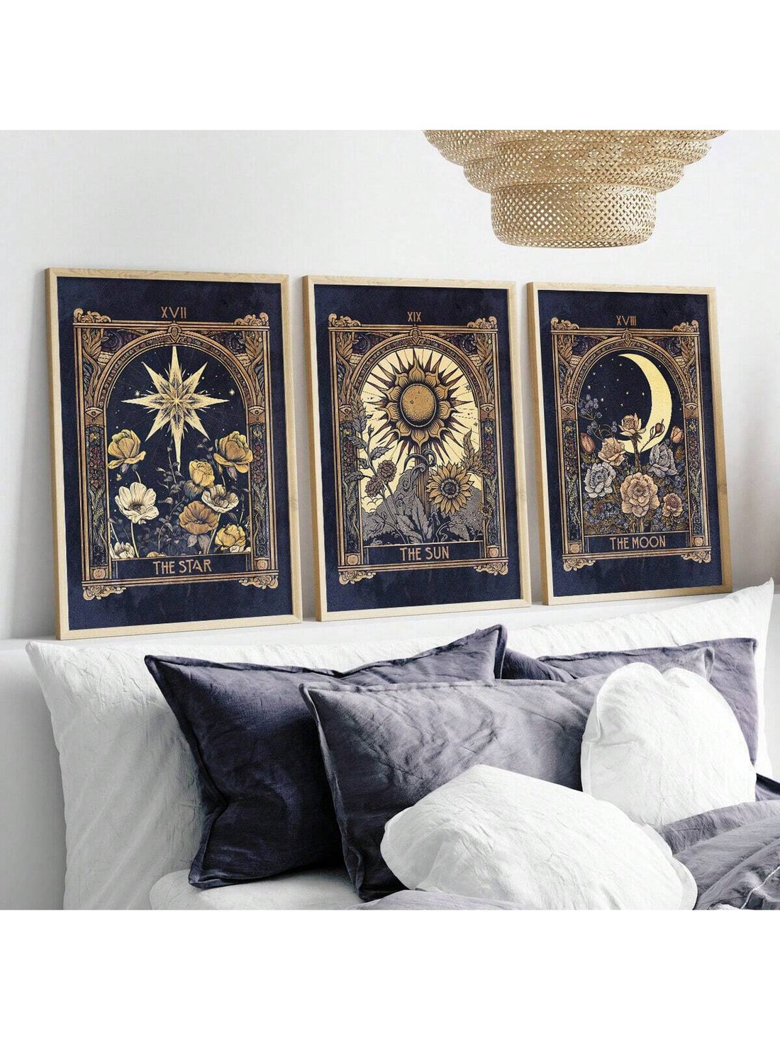 Enhance your living space with this set of 3 vintage sun, moon, and stars wall art canvas posters. Perfect for wall decor in any room, these posters bring a touch of celestial charm to your home or office. No frame is necessary for a seamless integration into your existing decor.