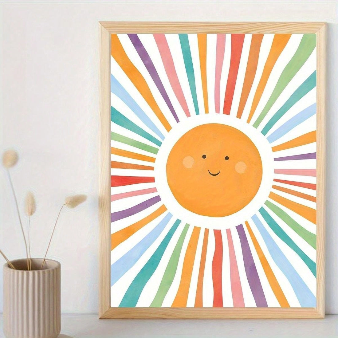 Add a playful touch to your nursery with Sunlit Dreams: Watercolor Sun Wall Art. This professionally crafted piece features a vibrant sun design, perfect for creating a warm and inviting atmosphere. Made with high-quality materials, it is a charming addition to any child's room.