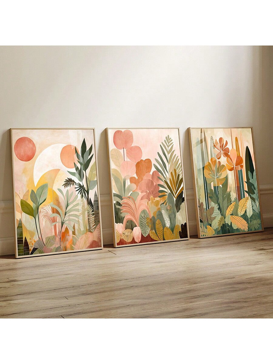 Transform your space with this curated set of three tropical jungle canvas prints that blend bohemian aesthetics with abstract artistry. 