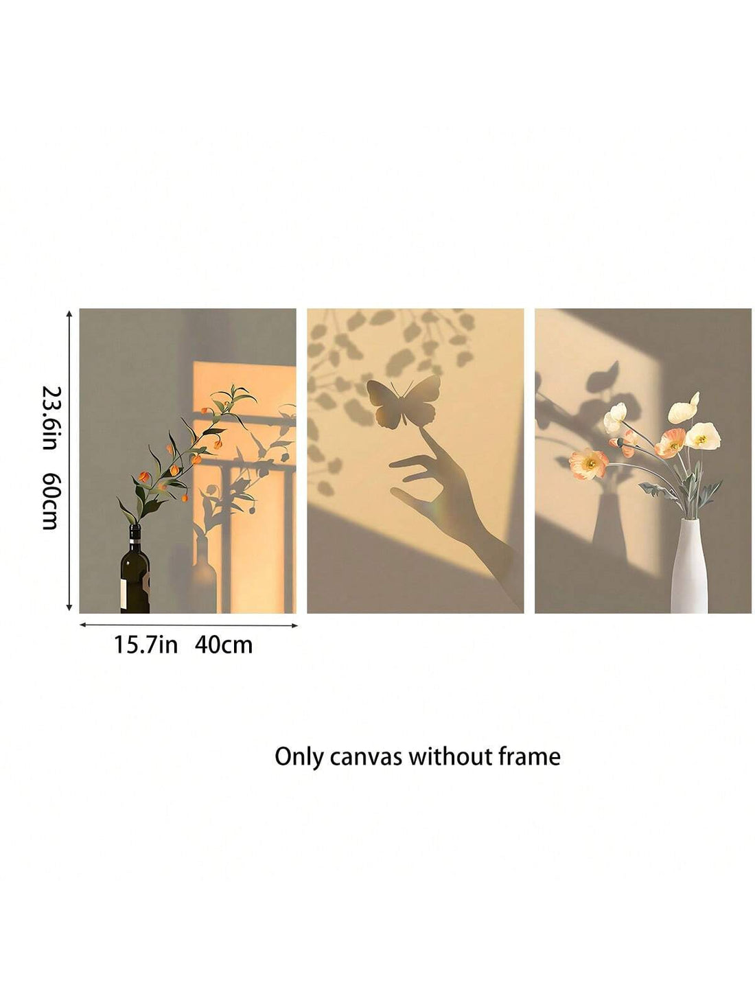 Transform your space with our Beige Sunlit Elegance: 3-Piece Un Frame Canvas Wall Art Set, featuring detailed floral and butterfly shadows. Let the neutral beige tones add a touch of elegance and sophistication to your home. Elevate your decor with this stunning piece that will surely leave a lasting impression.