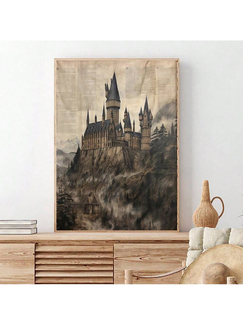 This vintage style oil painting on canvas features a medieval castle, adding a touch of elegance and charm to any room. Whether for a bedroom, office, or living room, this poster is perfect for creating a unique and sophisticated atmosphere. No frame is included, allowing for personalization and versatility in decor.