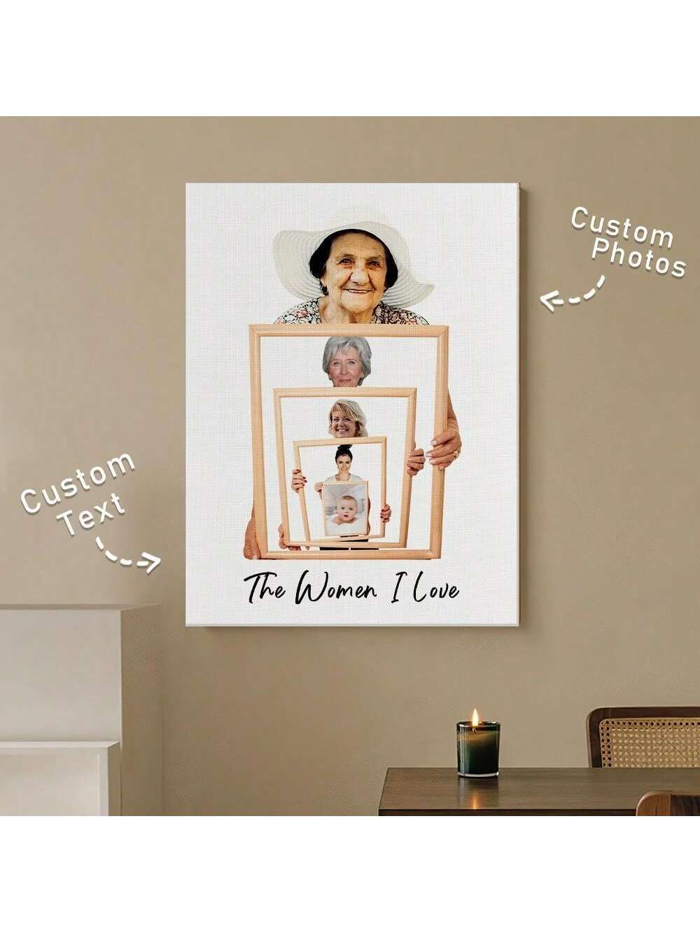 This personalized canvas wall art is a thoughtful and unique gift for Mother's Day and birthdays. Customizable with your own photo and text, this high-quality canvas print comes with no frame, making it easy to hang and display. Show your love and appreciation with this personalized wall art.