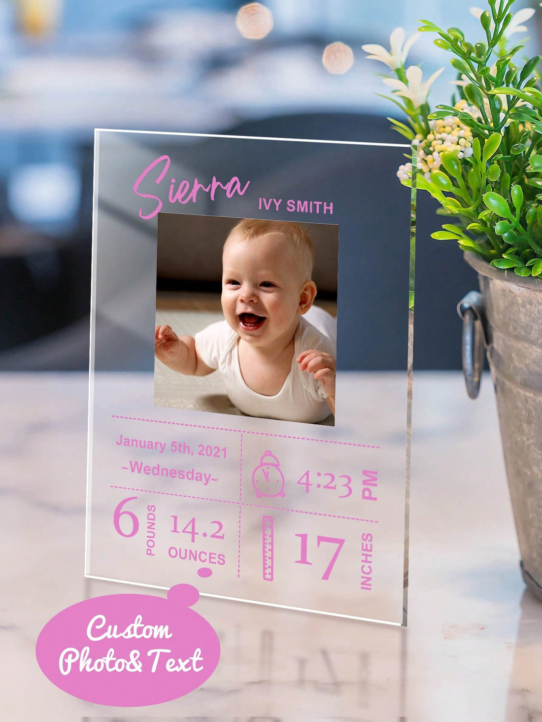 This personalized acrylic birth picture frame is the perfect gift for new parents. Display your precious newborn's photo in this sleek and modern frame, customized with their name and birth details. A thoughtful and stylish addition to any nursery.