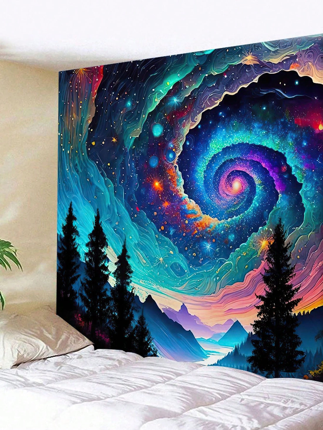 Introduce an otherworldly aura to your living space with the Galactic Swirl Tapestry. Inspired by the enchanting forces of nature, this tapestry offers a mesmerizing glimpse into the cosmic realm. Made with durable fabric and vibrant colors, it's the perfect addition to any room for a touch of wonder and inspiration.