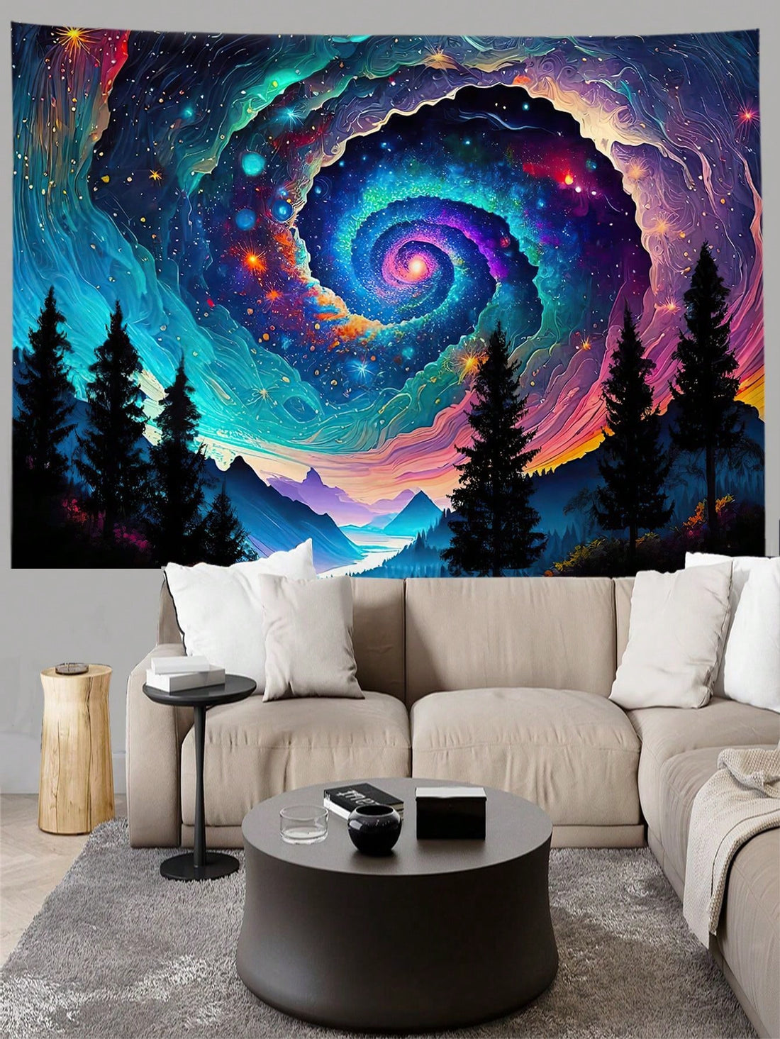 Introduce an otherworldly aura to your living space with the Galactic Swirl Tapestry. Inspired by the enchanting forces of nature, this tapestry offers a mesmerizing glimpse into the cosmic realm. Made with durable fabric and vibrant colors, it's the perfect addition to any room for a touch of wonder and inspiration.