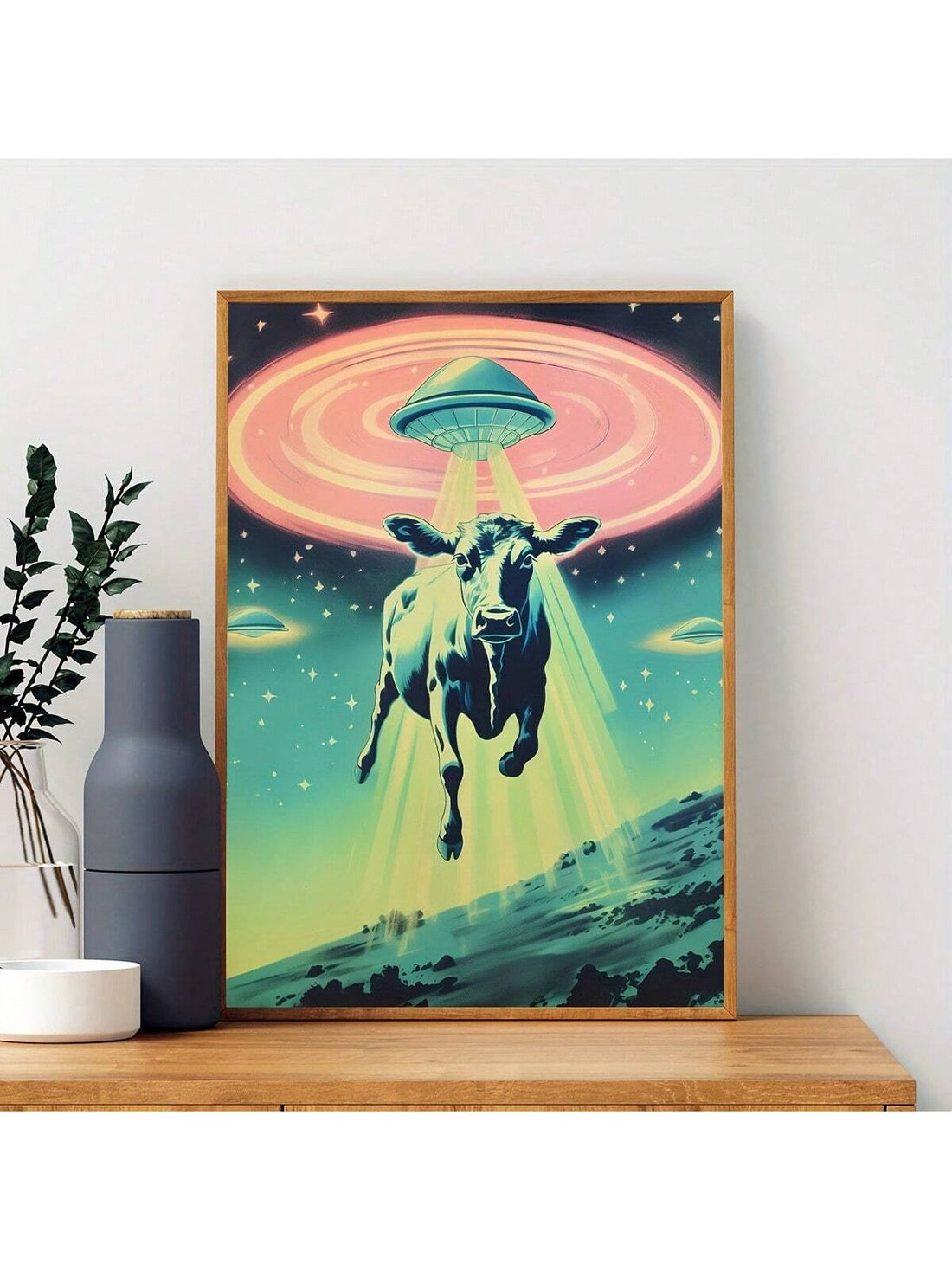 Add a touch of vintage charm to your room with our Vingtage Flying Saucers Painting printed on canvas. Perfect for room decoration, bedroom decor, or even bathroom decor. This high-quality print will elevate any space, without the need for a frame.